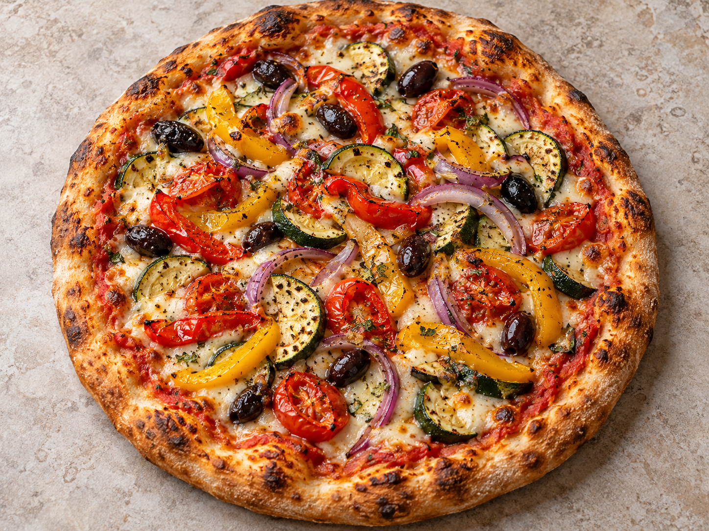 Pizza cu legume, ceapă roșie și măsline